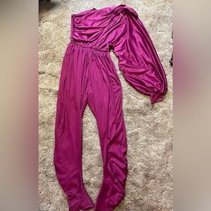 One-Shoulder Vintage 70s 80s Disco Wine/Magenta Jumpsuit with Harem Pants